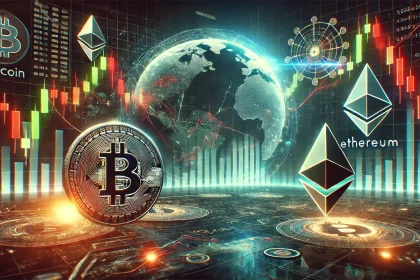 Dall·e 2024 12 20 19.42.28 A Futuristic Digital Illustration Of The Cryptocurrency Market During A Downturn Featuring Bitcoin And Ethereum Symbols Amidst A Graph Showing A Stee