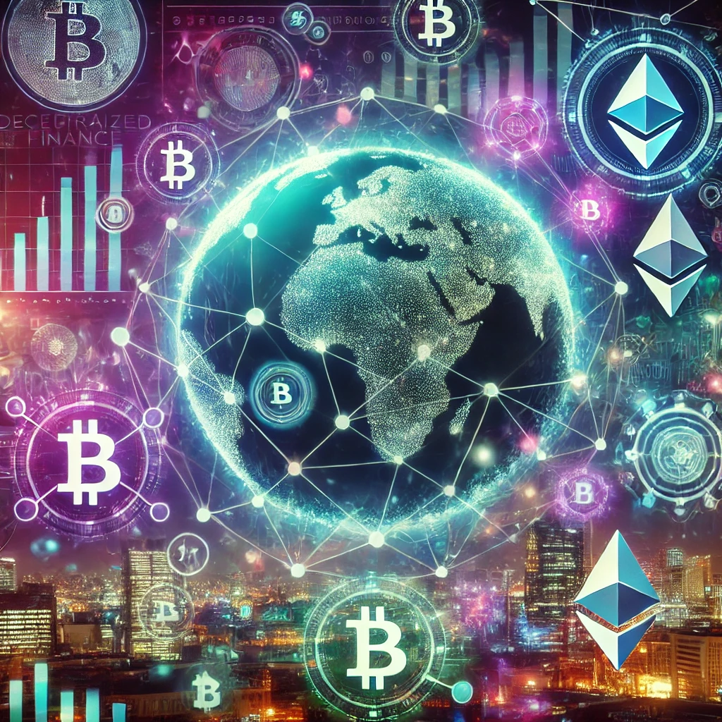 Dall·e 2025 01 18 20.23.15 A Futuristic And Visually Captivating Illustration Representing The Concept Of Decentralized Finance Defi. The Image Features A Digital Globe Surrou