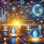 Dall·e 2025 01 18 21.09.27 A Futuristic Digital Landscape Representing Decentralized Finance Defi And Yield Farming. The Scene Includes Glowing Blockchain Networks Liquidity