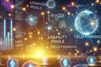 Dall·e 2025 01 18 21.09.27 A Futuristic Digital Landscape Representing Decentralized Finance Defi And Yield Farming. The Scene Includes Glowing Blockchain Networks Liquidity