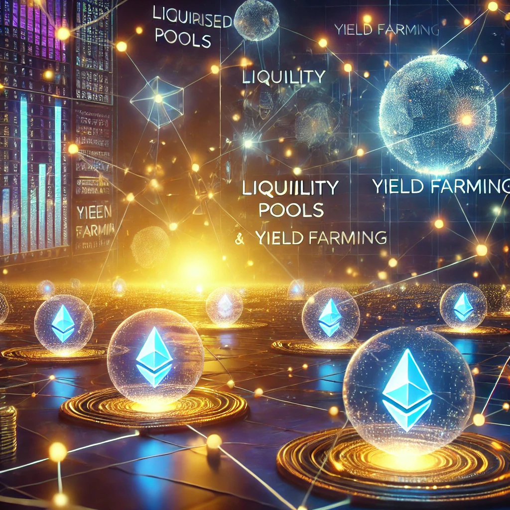 Dall·e 2025 01 18 21.09.27 A Futuristic Digital Landscape Representing Decentralized Finance Defi And Yield Farming. The Scene Includes Glowing Blockchain Networks Liquidity